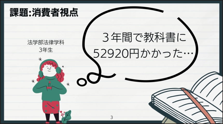 課題: 消費者視点 法学部法律学科3年生「3年間で教科書に52920円かかった・・・」